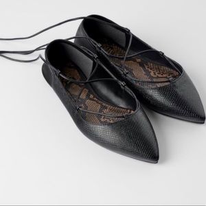 ZARA Black Pointed Toe Animal Print Strappy Flats